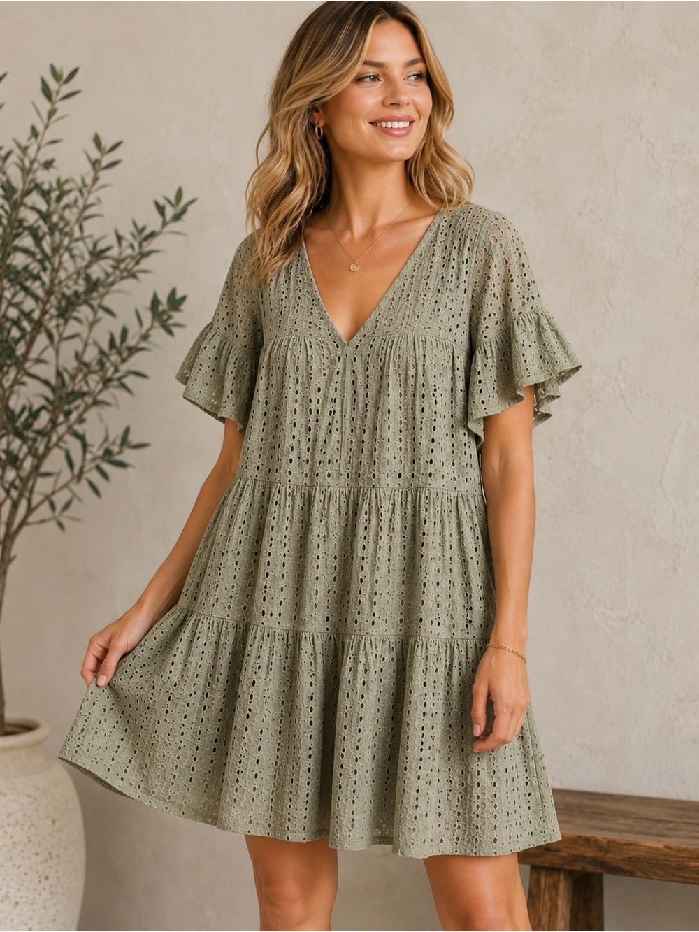 Mustard Seed Sage Green Eyelet Babydoll Dress Flutter Sleeve Boho Medium